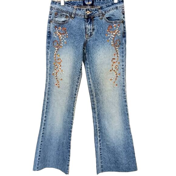 Vntg Angels Jeans Womens JR Sz 7 Blue Flare Crystals Embellished Boho Glam Gypsy - Picture 3 of 16